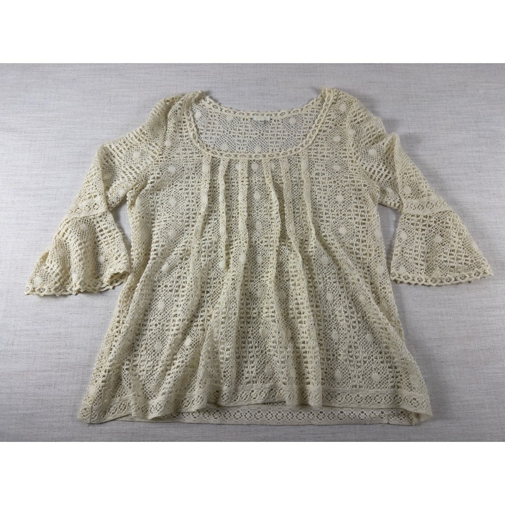 Anna Sui Cream Crochet Lace Bell Sleeve Blouse Top Large Boho Romantic 0810